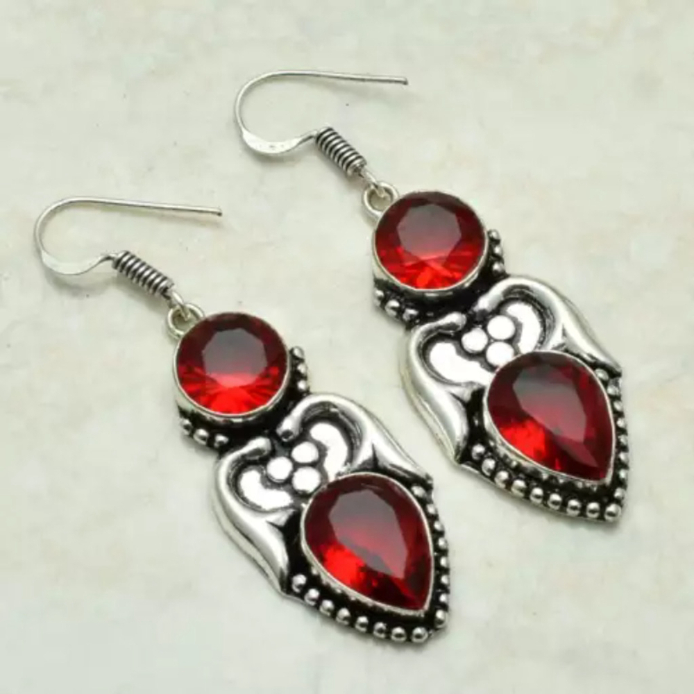 Red Garnet Drop Earrings 925 Silver Plated and 1.5" Long (New)